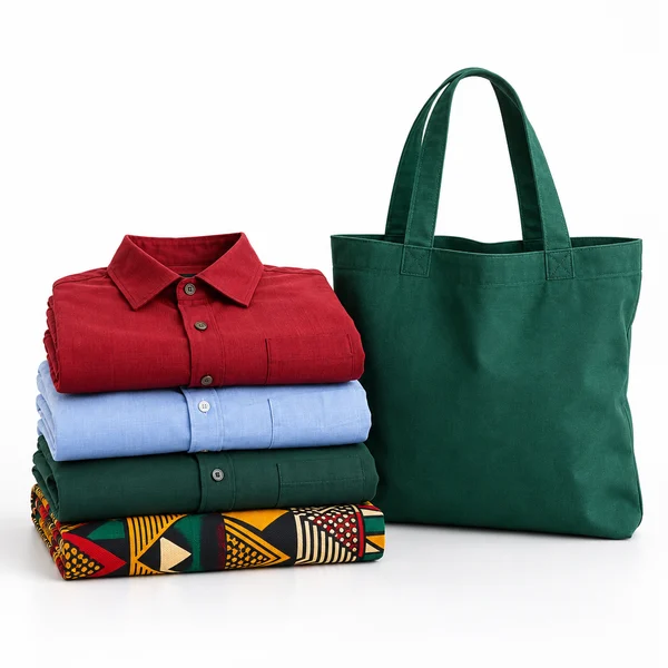 Folded clothing and a green tote bag