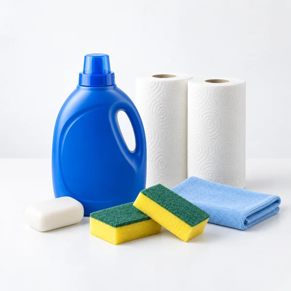 Detergent, paper rolls, soap and cleaning supplies