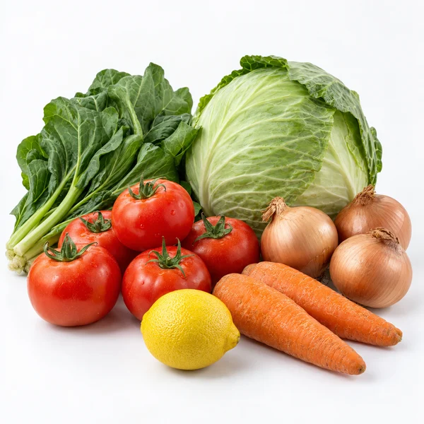 Fresh tomatoes, greens, cabbage, onions and carrots