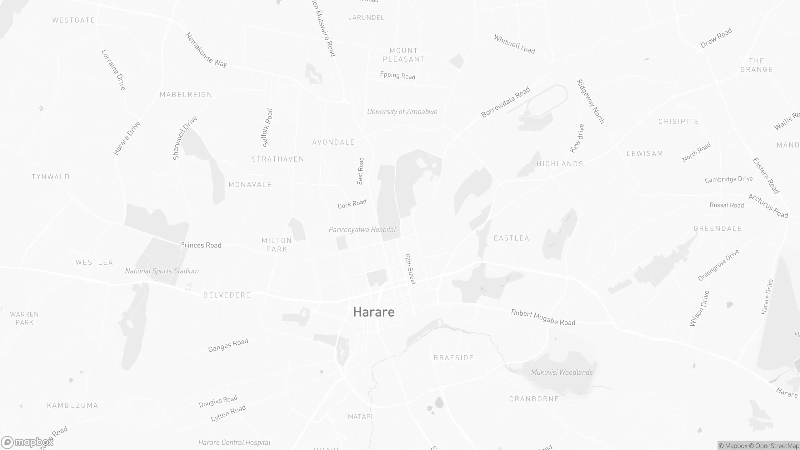Map of central Harare and surrounding neighbourhoods