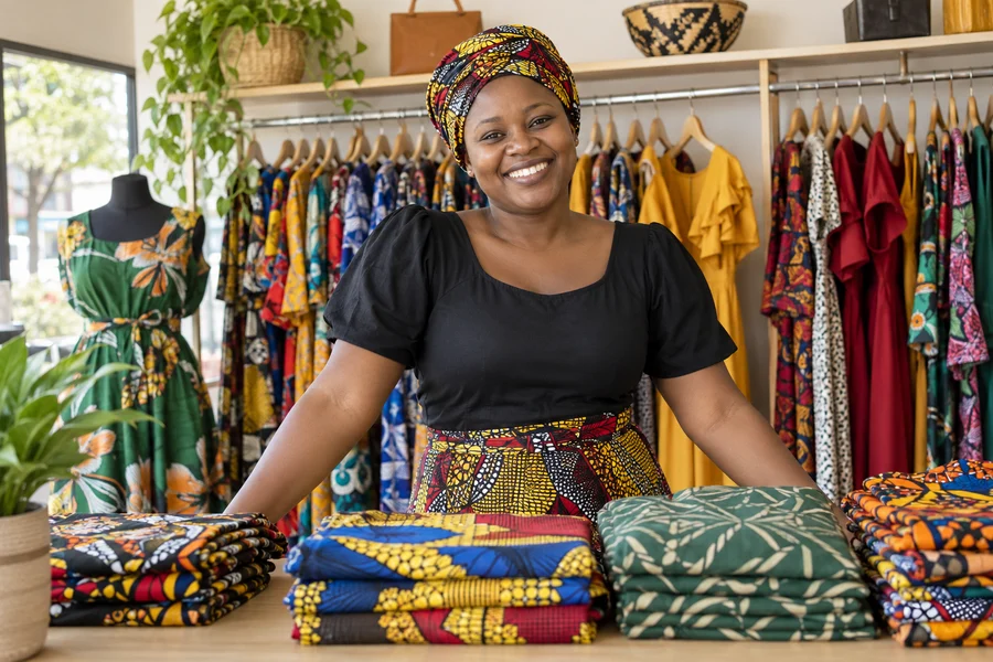 A fashion seller with patterned fabrics and clothing