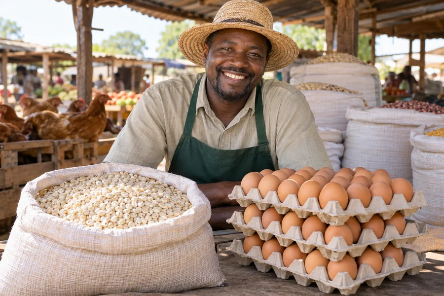A seller with sacks of maize grain and moulded egg trays