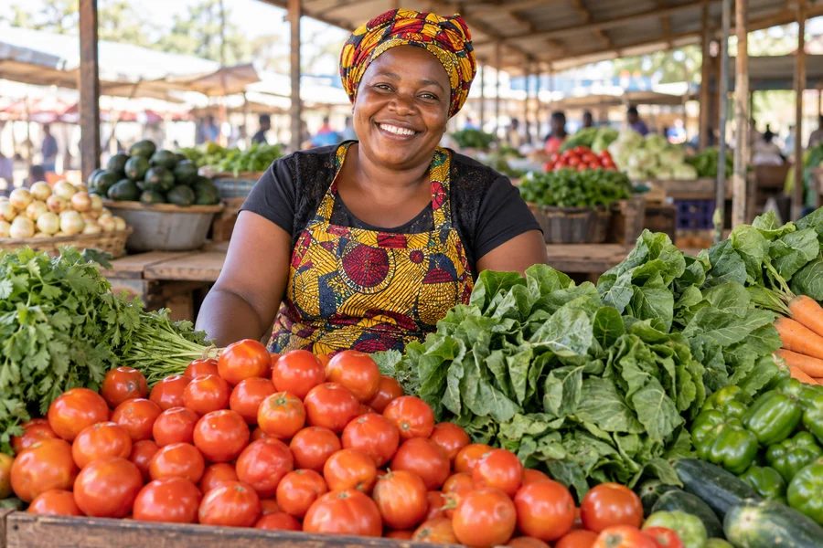 A produce seller at a colourful vegetable stall