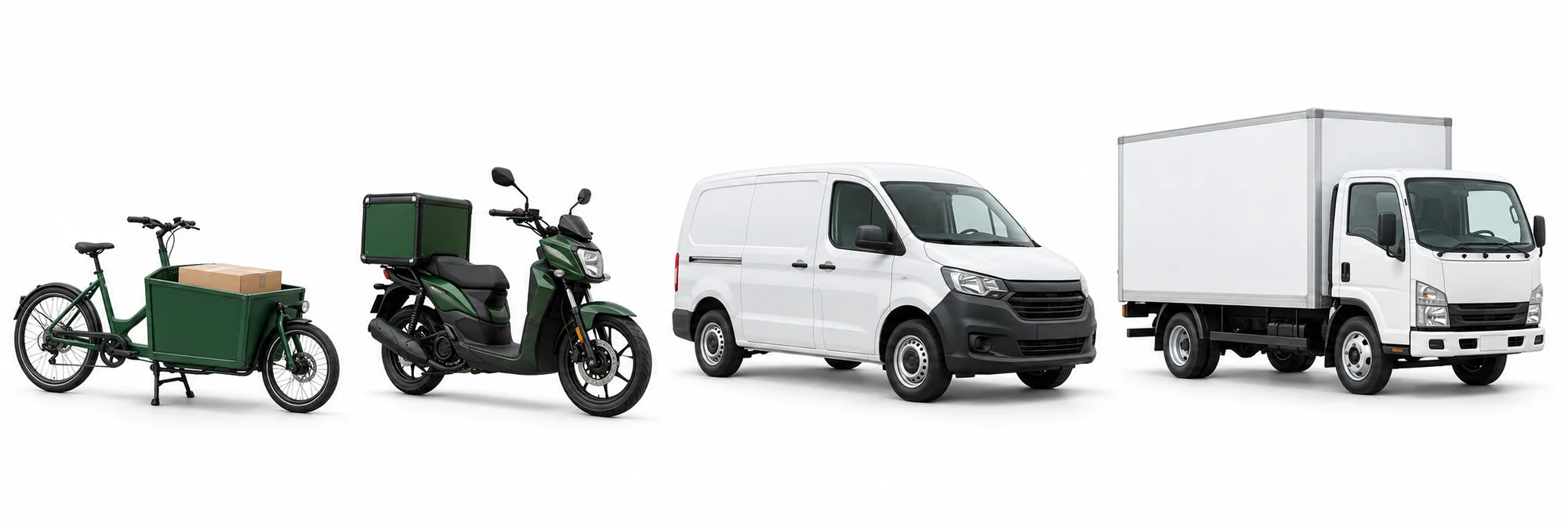 A cargo bicycle, delivery motorbike, panel van and box truck